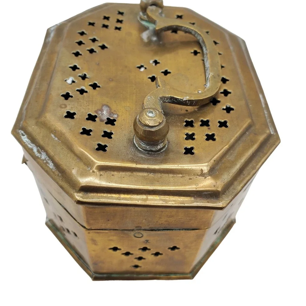 Brass Box Pierced Metal Cricket Cage Hexagon Trinket India Ethnic Boho‎ Storage